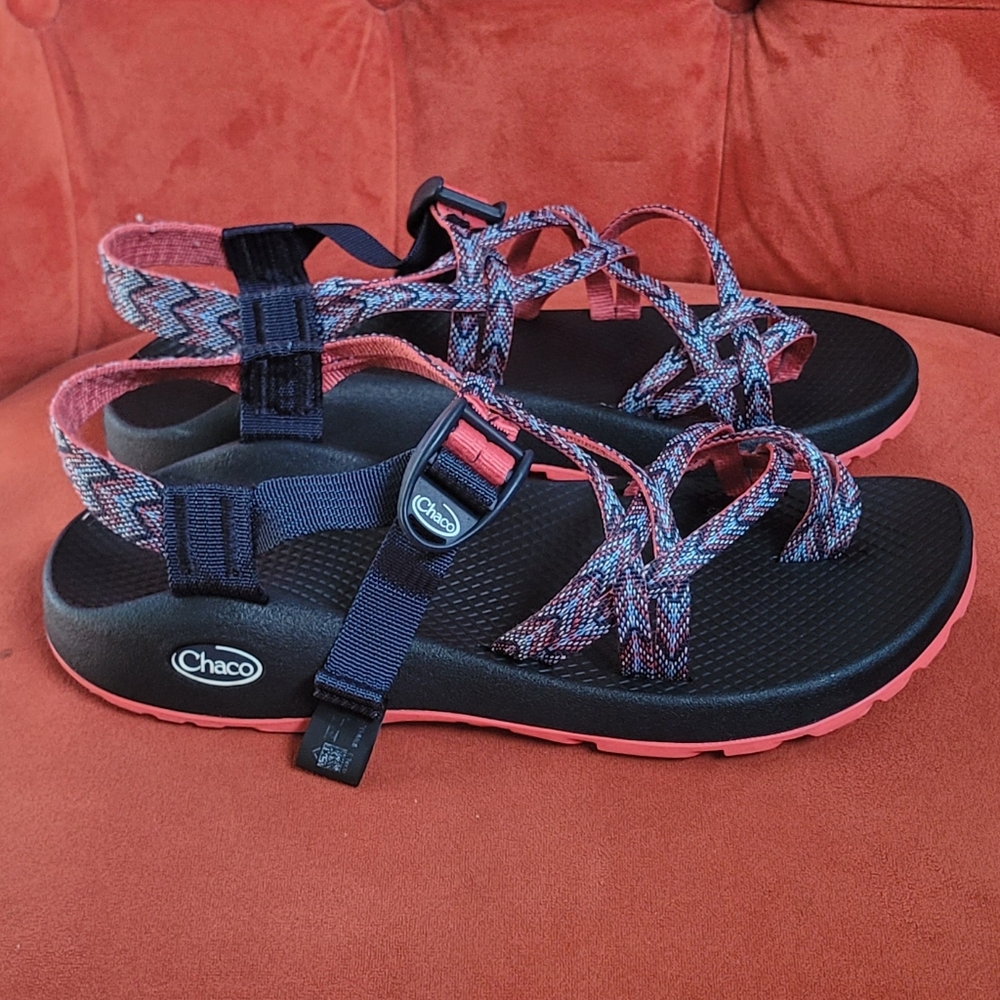 Chaco Women's Sport Sandals - Black Base with Coral and Navy Straps